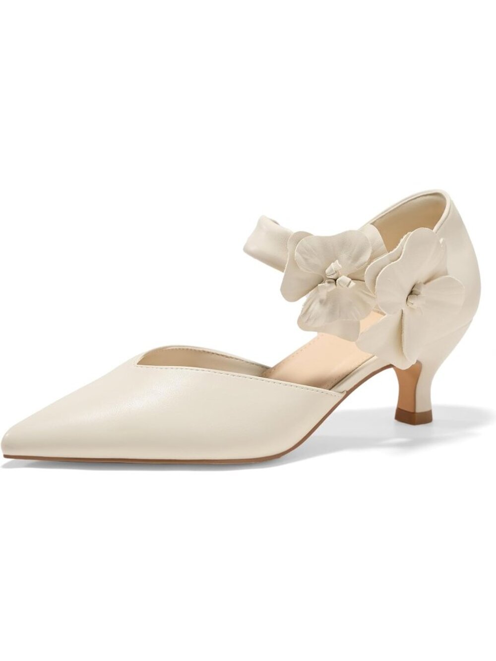 Women's Beige Low Kitten Heels Pointed Toe Slip On Pumps Ankle Strap Shoes